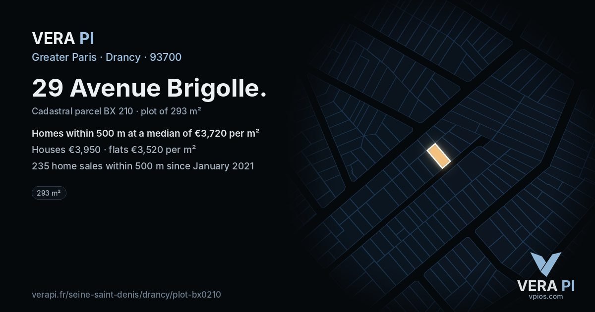 29 Avenue Brigolle, Drancy at night – the plot lit, the parcels around coloured by the prices near them