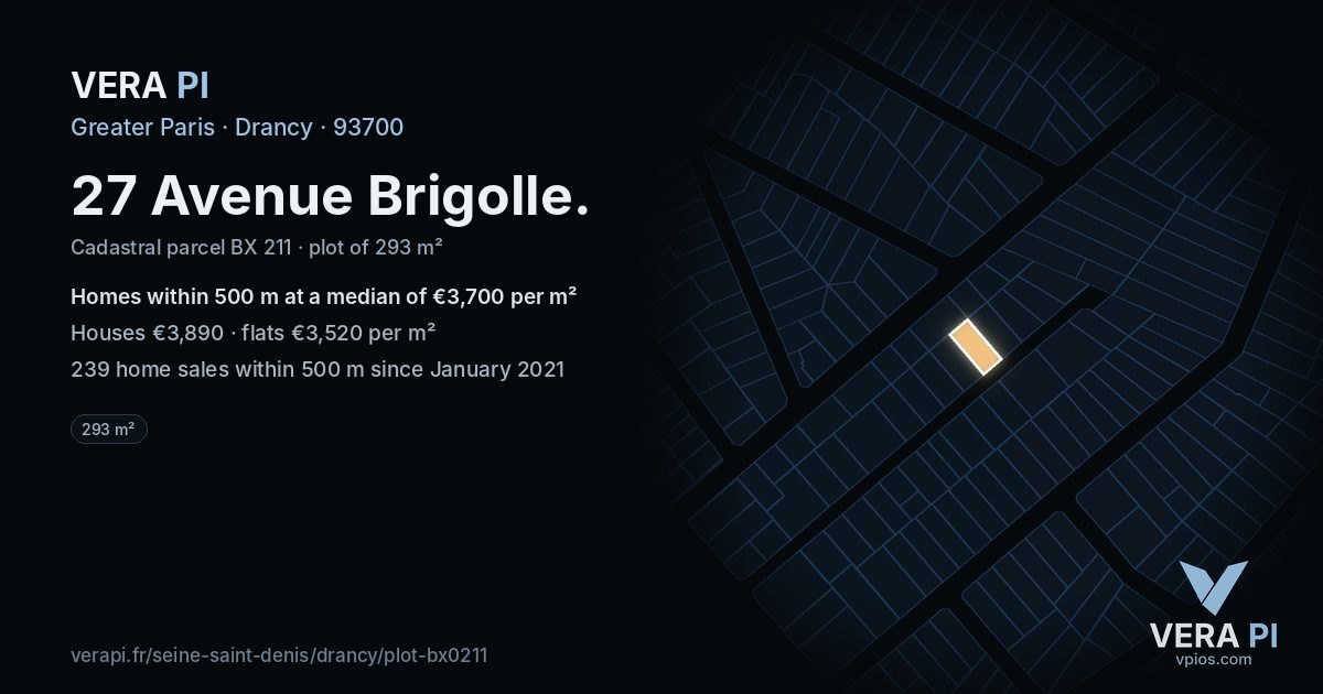 27 Avenue Brigolle, Drancy at night – the plot lit, the parcels around coloured by the prices near them
