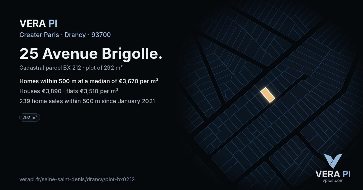 25 Avenue Brigolle, Drancy at night – the plot lit, the parcels around coloured by the prices near them