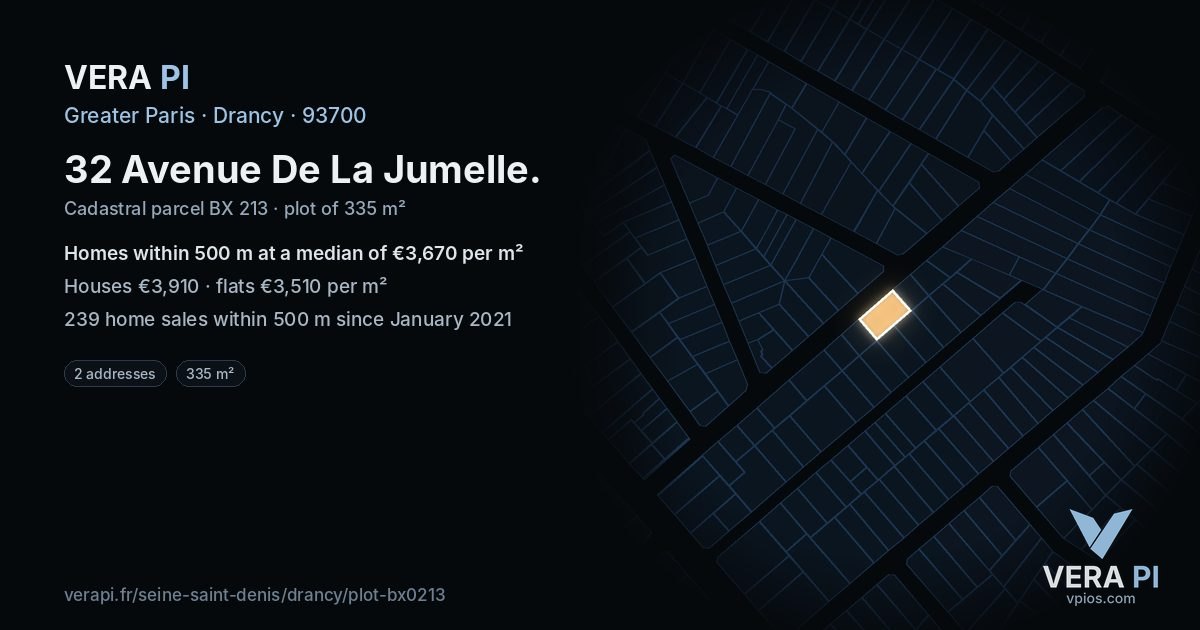 32 Avenue De La Jumelle, Drancy at night – the plot lit, the parcels around coloured by the prices near them