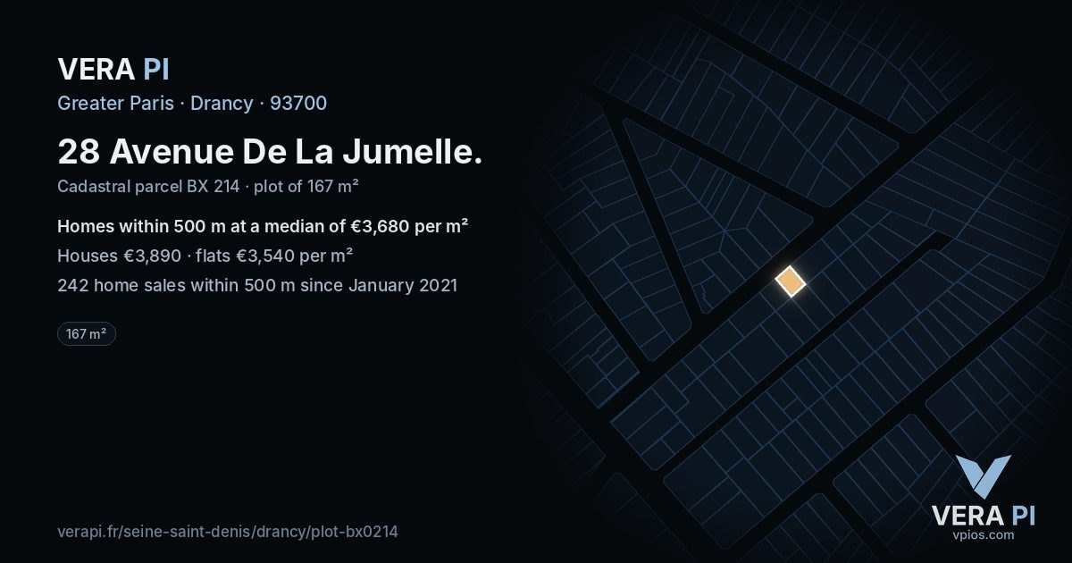 28 Avenue De La Jumelle, Drancy at night – the plot lit, the parcels around coloured by the prices near them