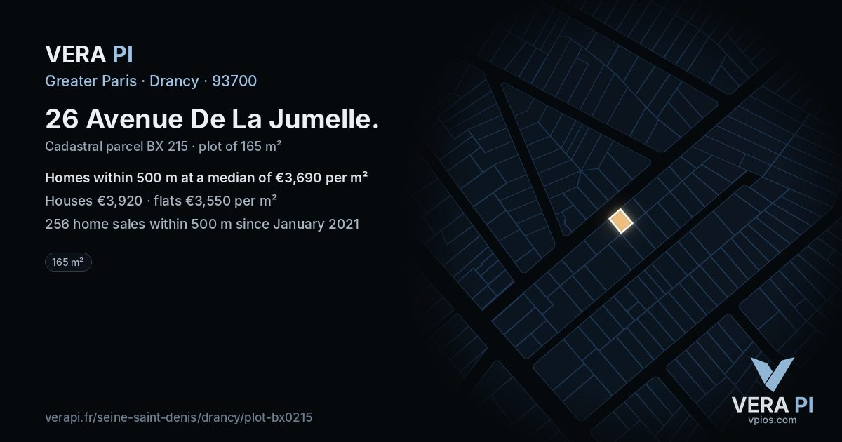 26 Avenue De La Jumelle, Drancy at night – the plot lit, the parcels around coloured by the prices near them