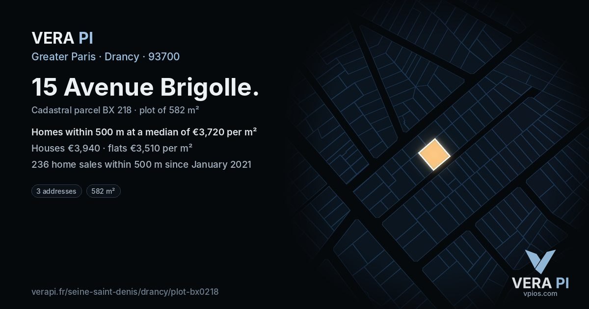 15 Avenue Brigolle, Drancy at night – the plot lit, the parcels around coloured by the prices near them