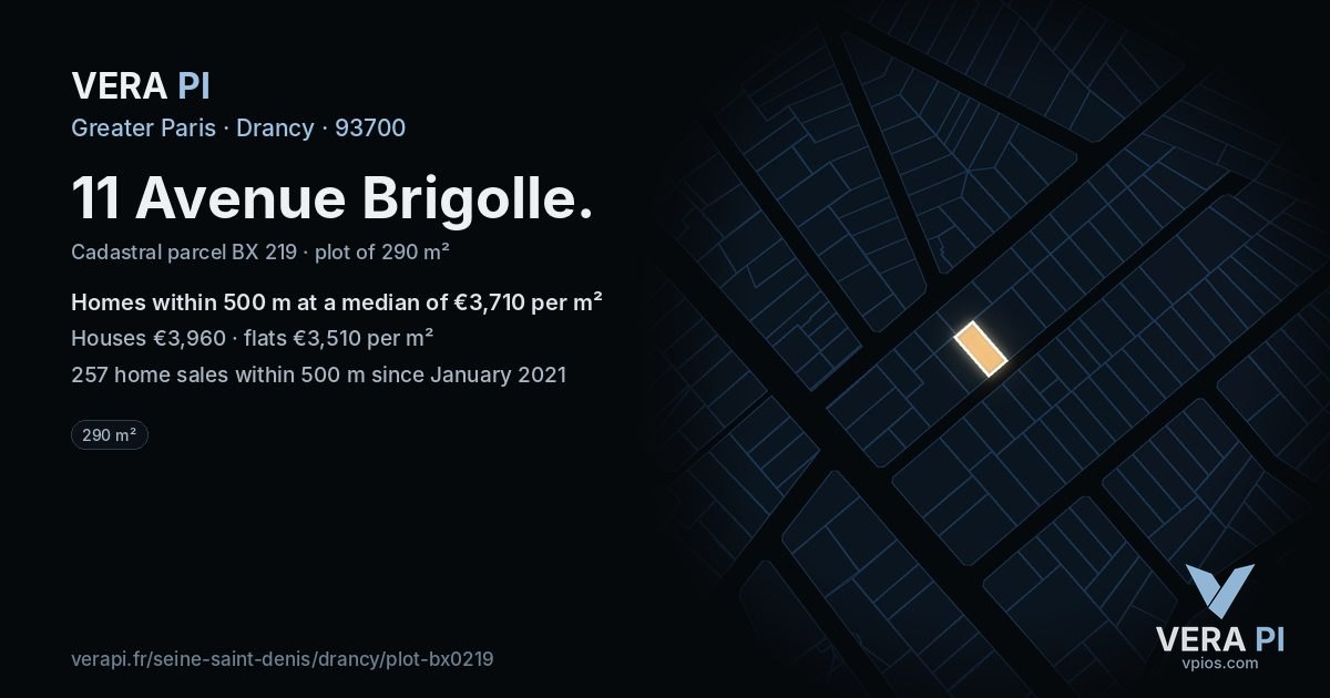 11 Avenue Brigolle, Drancy at night – the plot lit, the parcels around coloured by the prices near them