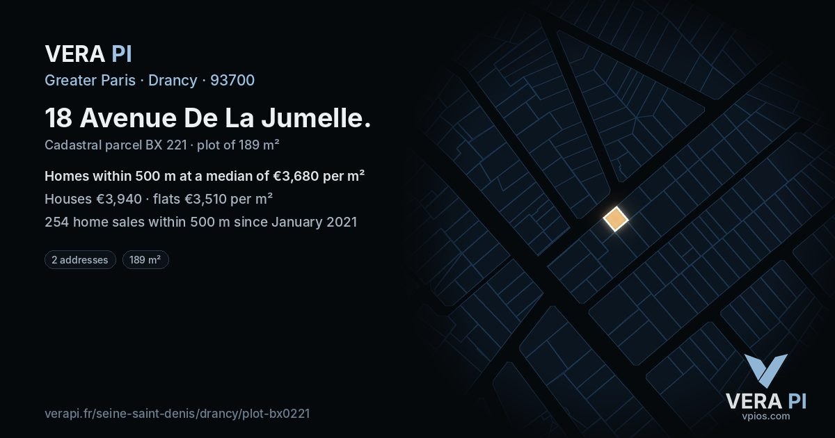 18 Avenue De La Jumelle, Drancy at night – the plot lit, the parcels around coloured by the prices near them