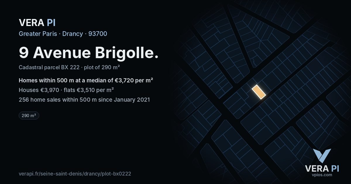 9 Avenue Brigolle, Drancy at night – the plot lit, the parcels around coloured by the prices near them