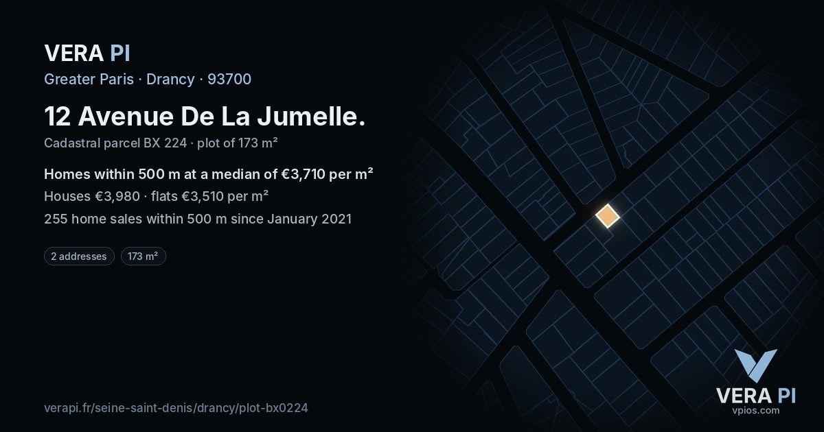 12 Avenue De La Jumelle, Drancy at night – the plot lit, the parcels around coloured by the prices near them