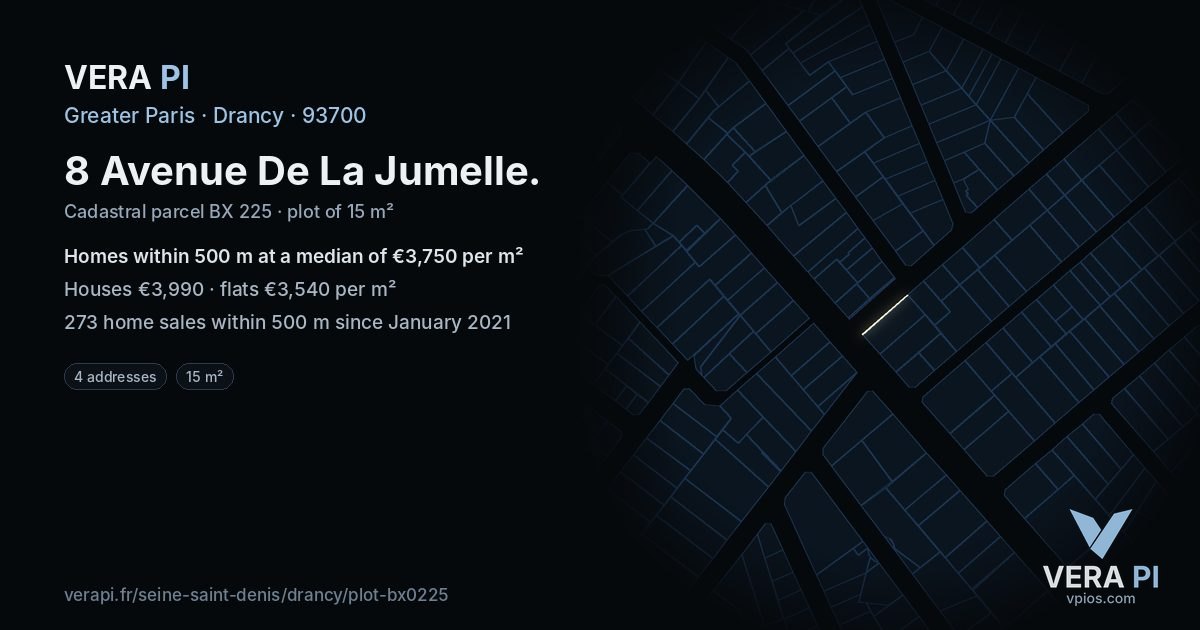 8 Avenue De La Jumelle, Drancy at night – the plot lit, the parcels around coloured by the prices near them