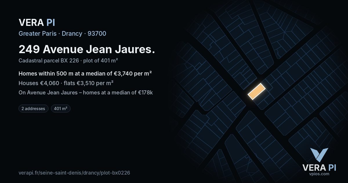 249 Avenue Jean Jaures, Drancy at night – the plot lit, the parcels around coloured by the prices near them