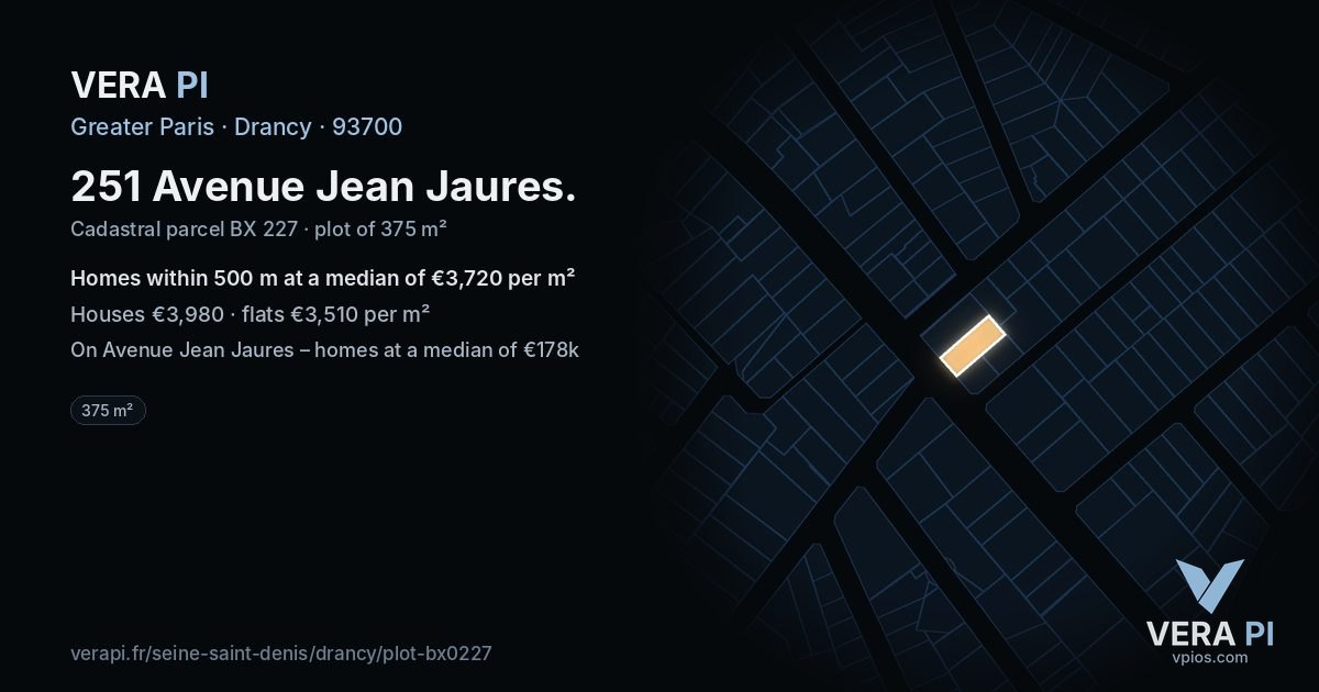 251 Avenue Jean Jaures, Drancy at night – the plot lit, the parcels around coloured by the prices near them