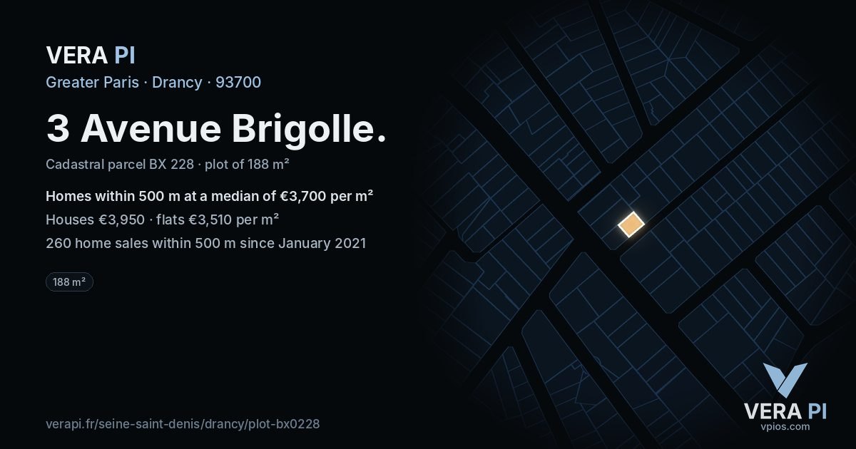 3 Avenue Brigolle, Drancy at night – the plot lit, the parcels around coloured by the prices near them