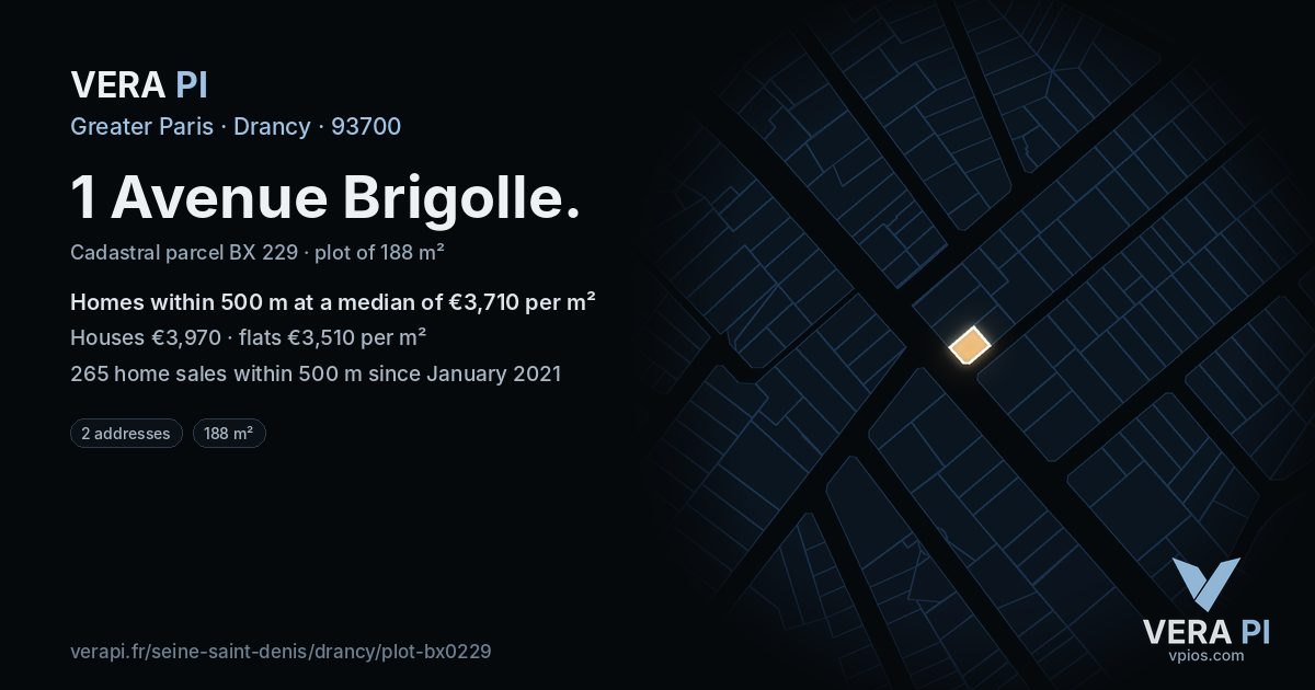 1 Avenue Brigolle, Drancy at night – the plot lit, the parcels around coloured by the prices near them