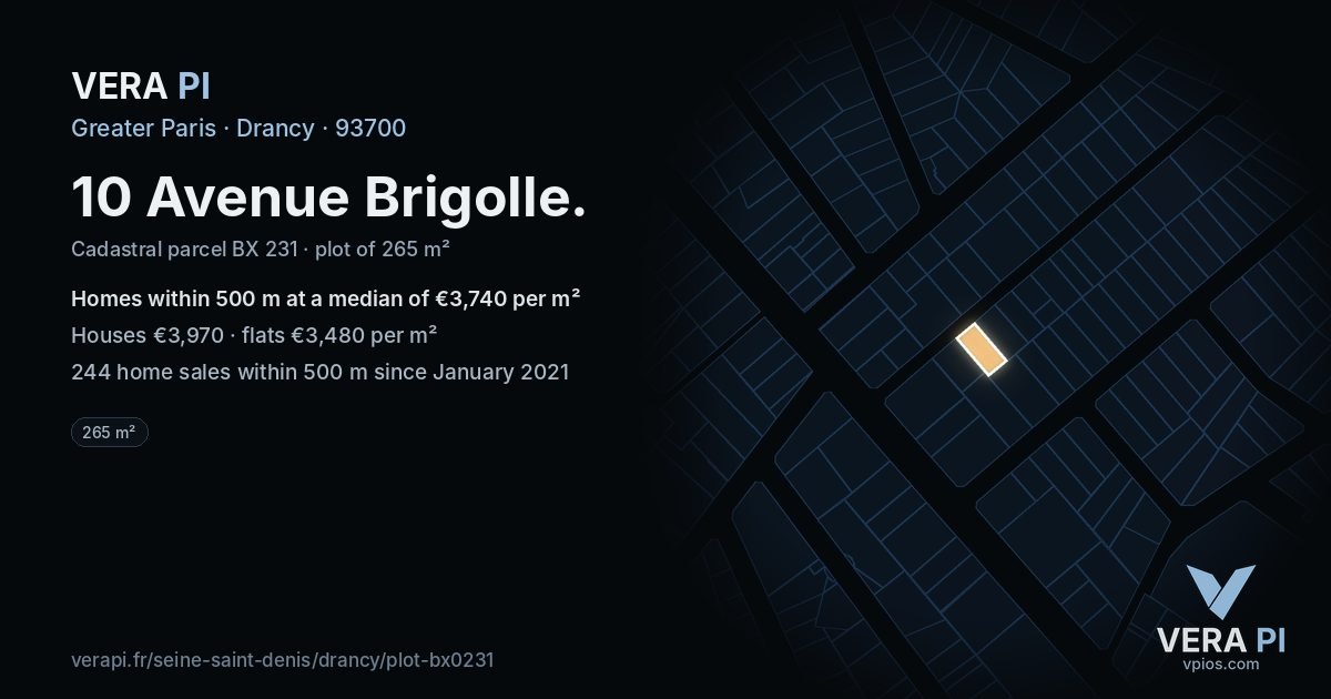 10 Avenue Brigolle, Drancy at night – the plot lit, the parcels around coloured by the prices near them
