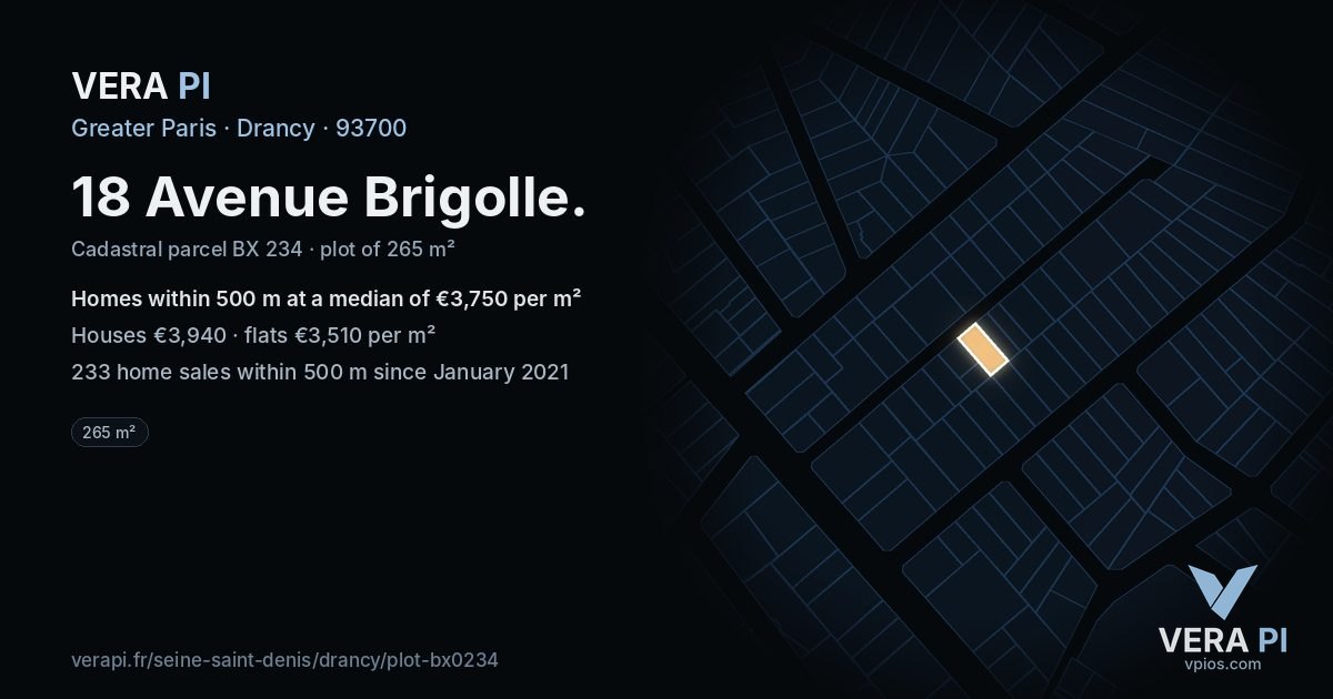 18 Avenue Brigolle, Drancy at night – the plot lit, the parcels around coloured by the prices near them