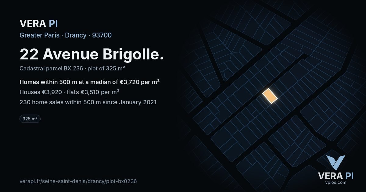 22 Avenue Brigolle, Drancy at night – the plot lit, the parcels around coloured by the prices near them