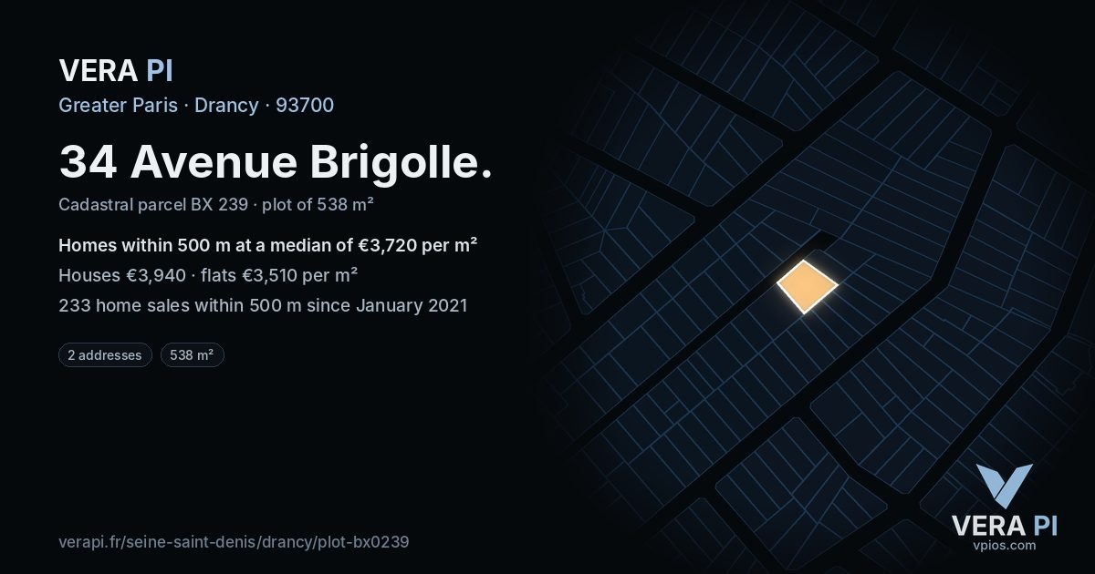 34 Avenue Brigolle, Drancy at night – the plot lit, the parcels around coloured by the prices near them