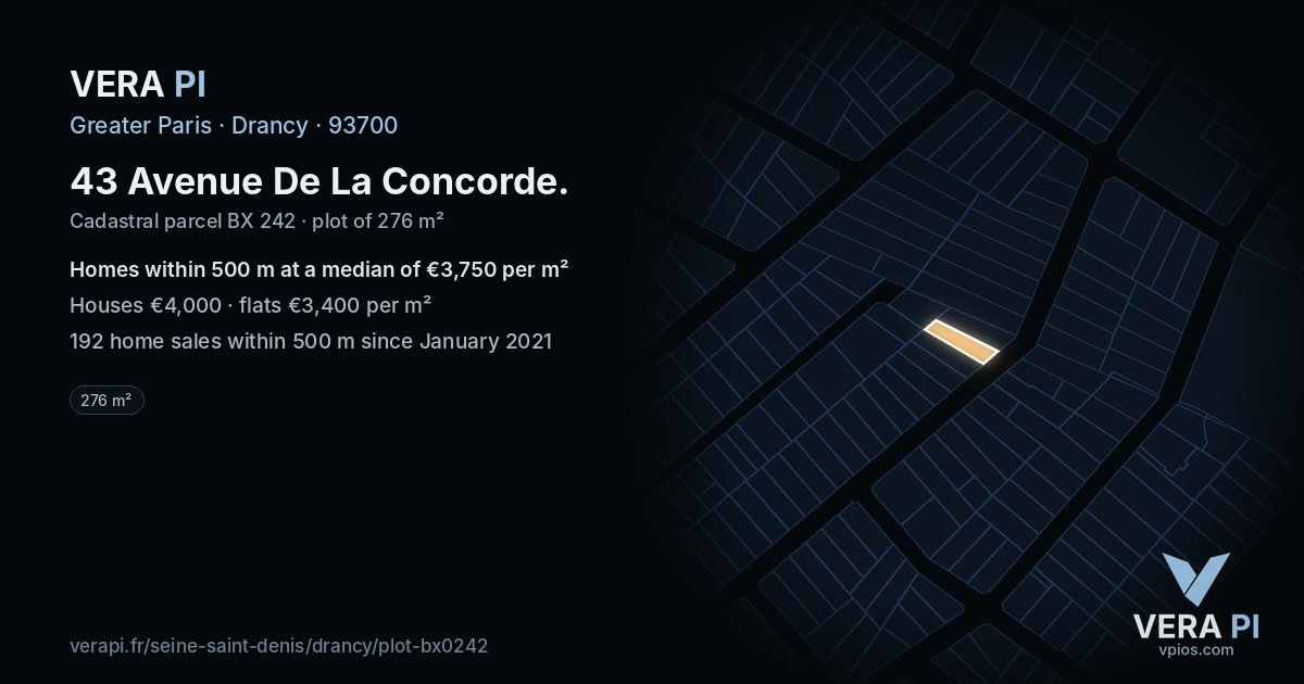 43 Avenue De La Concorde, Drancy at night – the plot lit, the parcels around coloured by the prices near them
