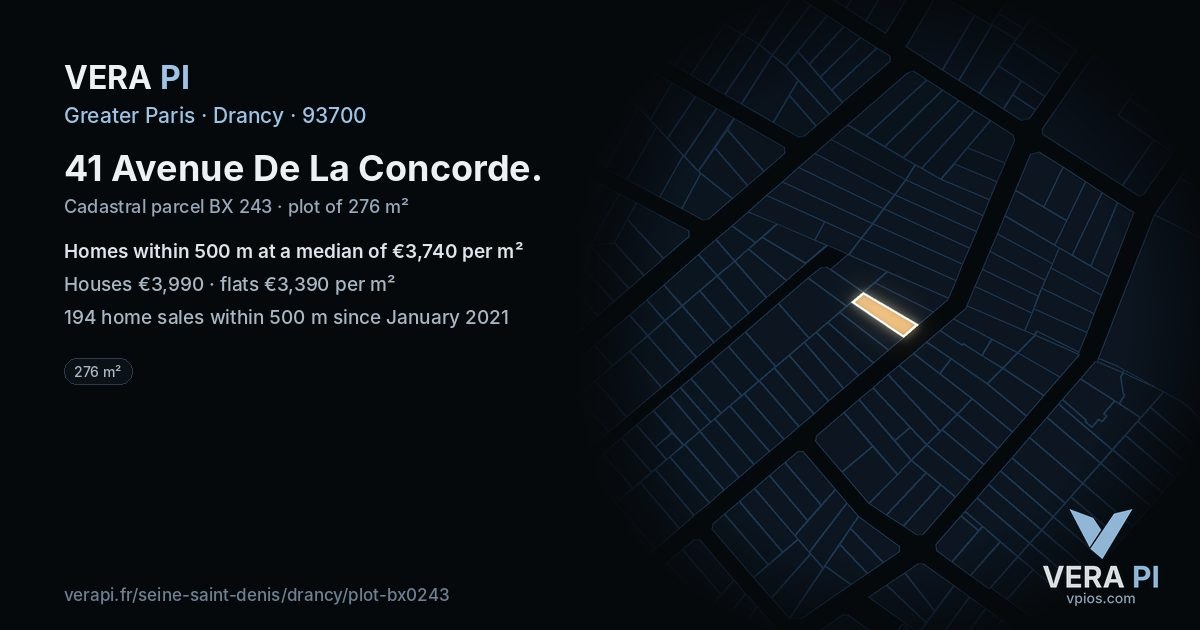 41 Avenue De La Concorde, Drancy at night – the plot lit, the parcels around coloured by the prices near them