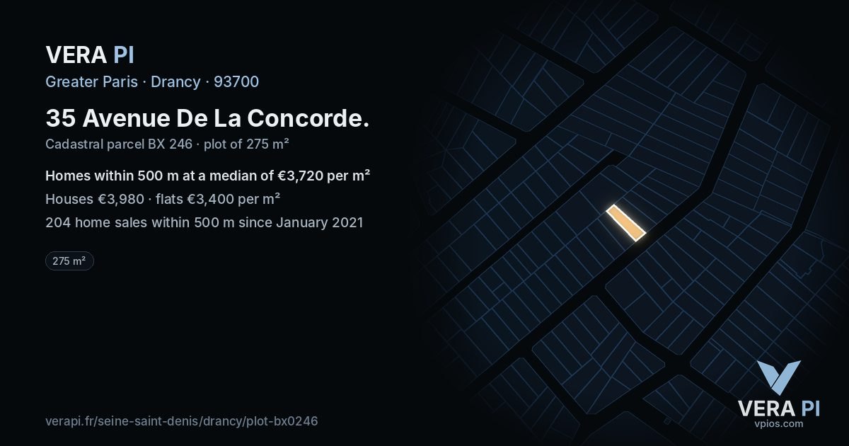 35 Avenue De La Concorde, Drancy at night – the plot lit, the parcels around coloured by the prices near them