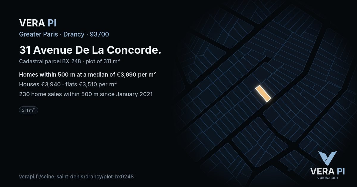 31 Avenue De La Concorde, Drancy at night – the plot lit, the parcels around coloured by the prices near them