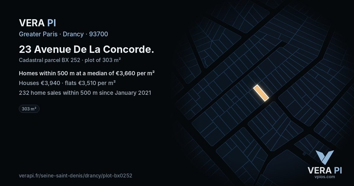 23 Avenue De La Concorde, Drancy at night – the plot lit, the parcels around coloured by the prices near them