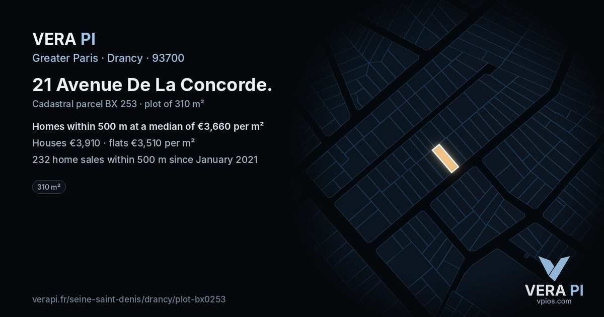 21 Avenue De La Concorde, Drancy at night – the plot lit, the parcels around coloured by the prices near them