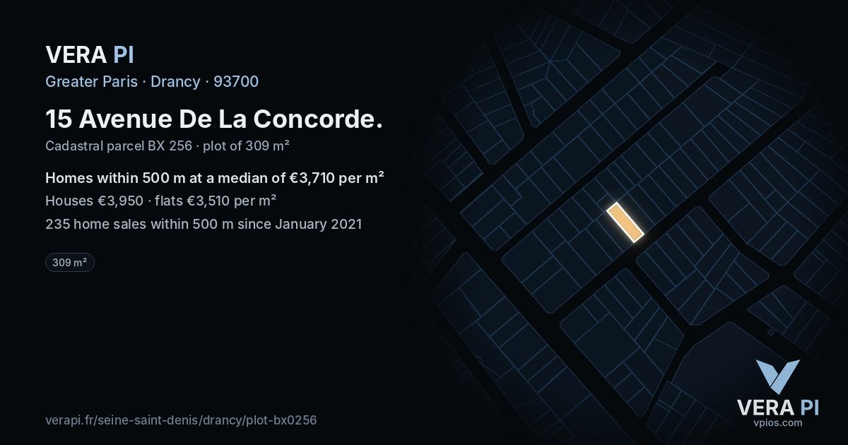 15 Avenue De La Concorde, Drancy at night – the plot lit, the parcels around coloured by the prices near them