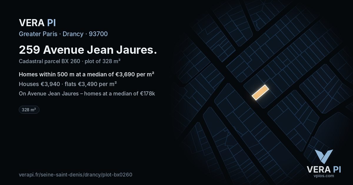 259 Avenue Jean Jaures, Drancy at night – the plot lit, the parcels around coloured by the prices near them