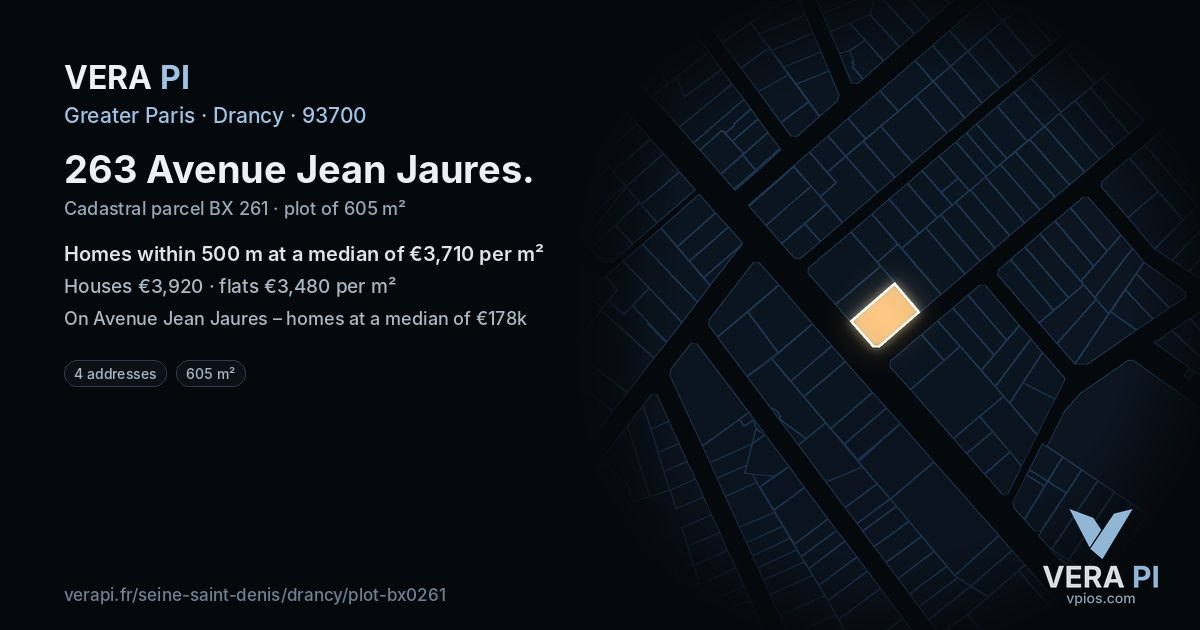 263 Avenue Jean Jaures, Drancy at night – the plot lit, the parcels around coloured by the prices near them