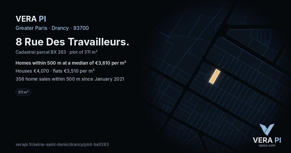 8 Rue Des Travailleurs, Drancy at night – the plot lit, the parcels around coloured by the prices near them