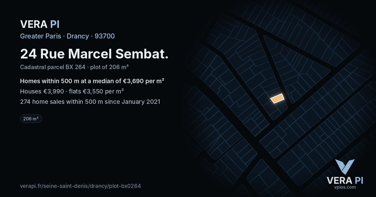 24 Rue Marcel Sembat, Drancy at night – the plot lit, the parcels around coloured by the prices near them