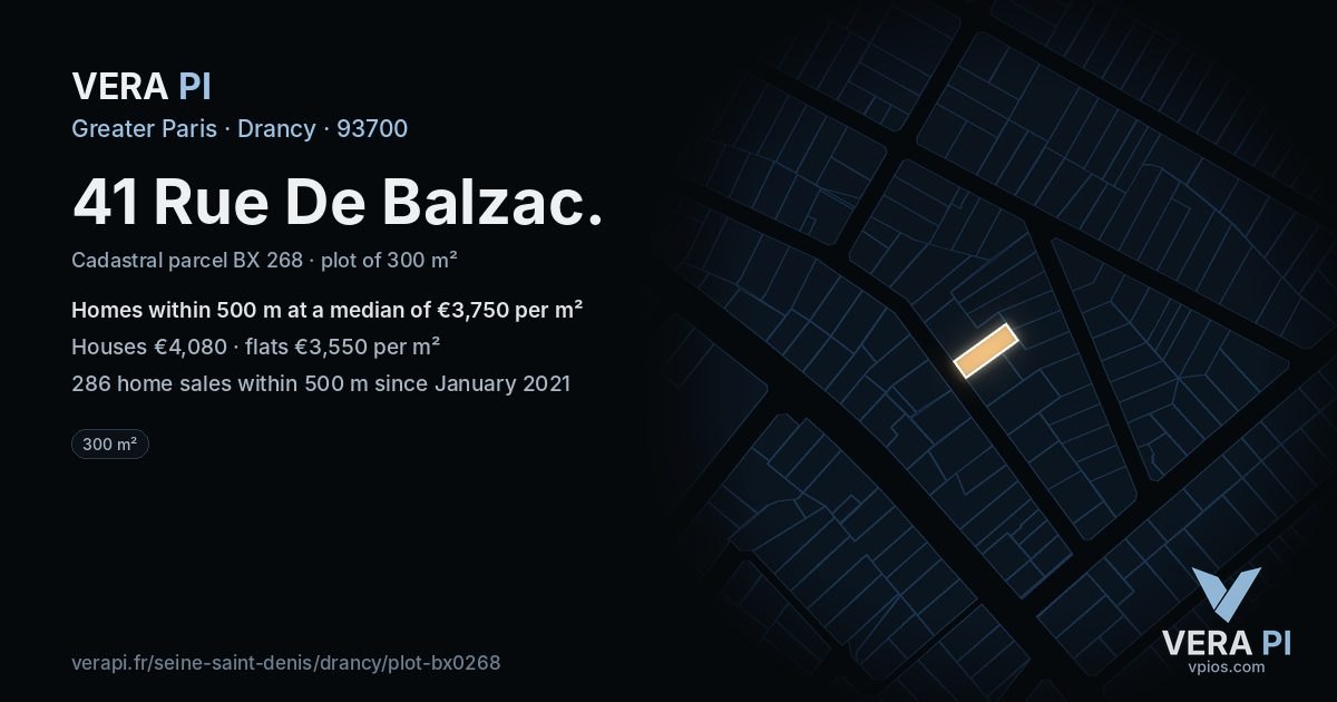 41 Rue De Balzac, Drancy at night – the plot lit, the parcels around coloured by the prices near them
