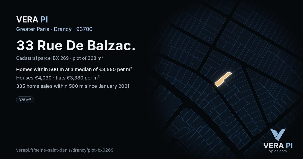 33 Rue De Balzac, Drancy at night – the plot lit, the parcels around coloured by the prices near them