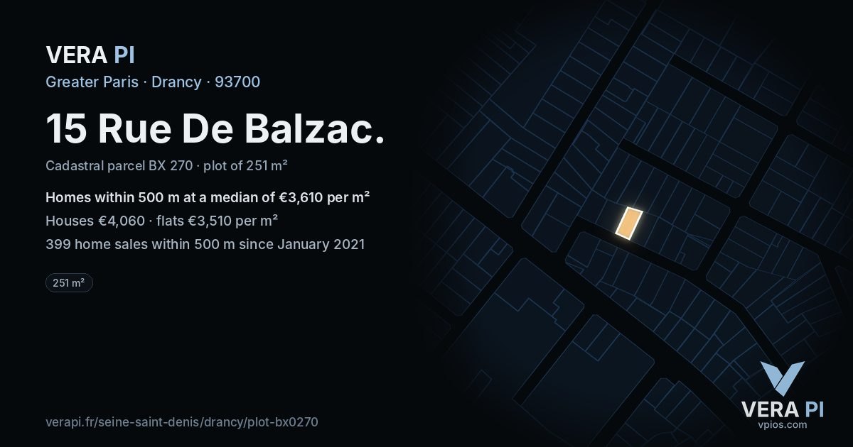15 Rue De Balzac, Drancy at night – the plot lit, the parcels around coloured by the prices near them