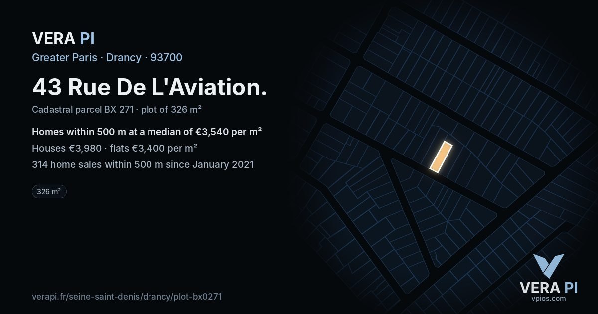 43 Rue De L'Aviation, Drancy at night – the plot lit, the parcels around coloured by the prices near them