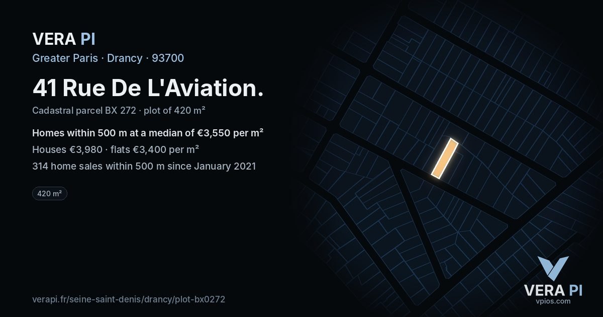41 Rue De L'Aviation, Drancy at night – the plot lit, the parcels around coloured by the prices near them