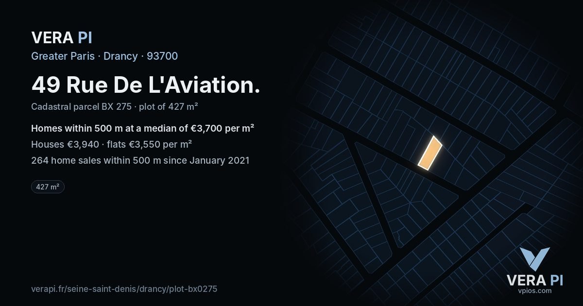 49 Rue De L'Aviation, Drancy at night – the plot lit, the parcels around coloured by the prices near them