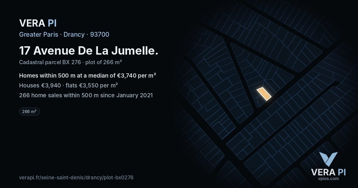 17 Avenue De La Jumelle, Drancy at night – the plot lit, the parcels around coloured by the prices near them
