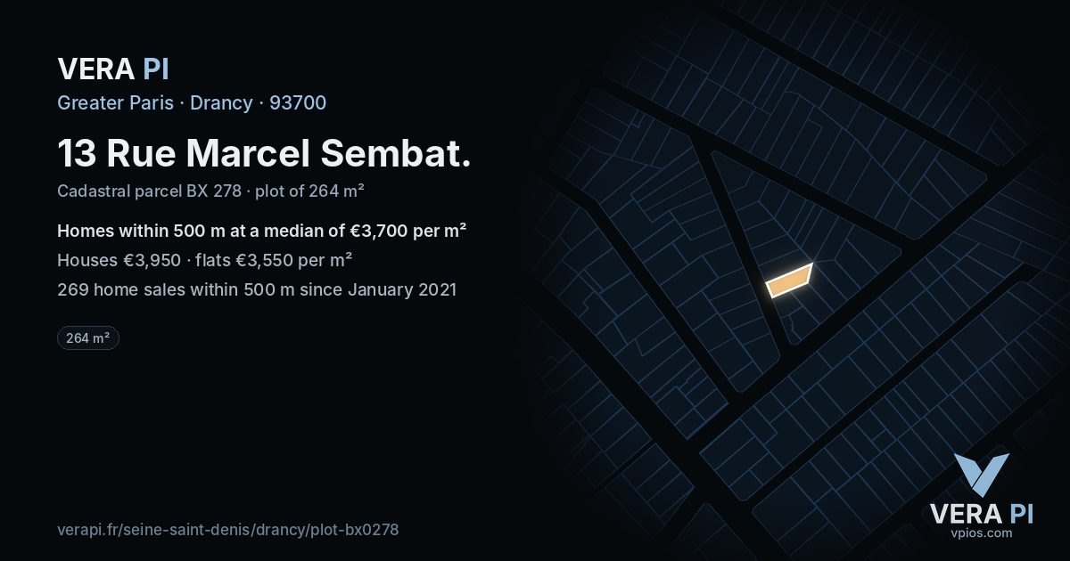 13 Rue Marcel Sembat, Drancy at night – the plot lit, the parcels around coloured by the prices near them