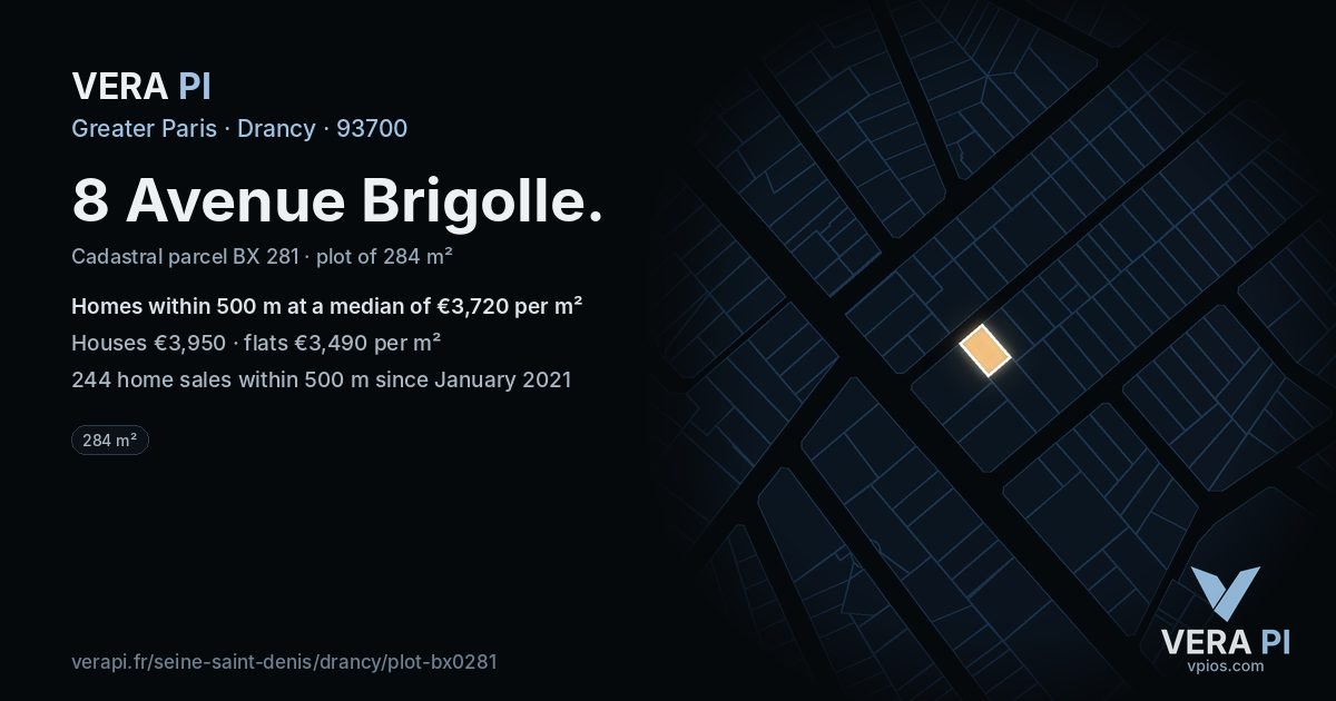 8 Avenue Brigolle, Drancy at night – the plot lit, the parcels around coloured by the prices near them