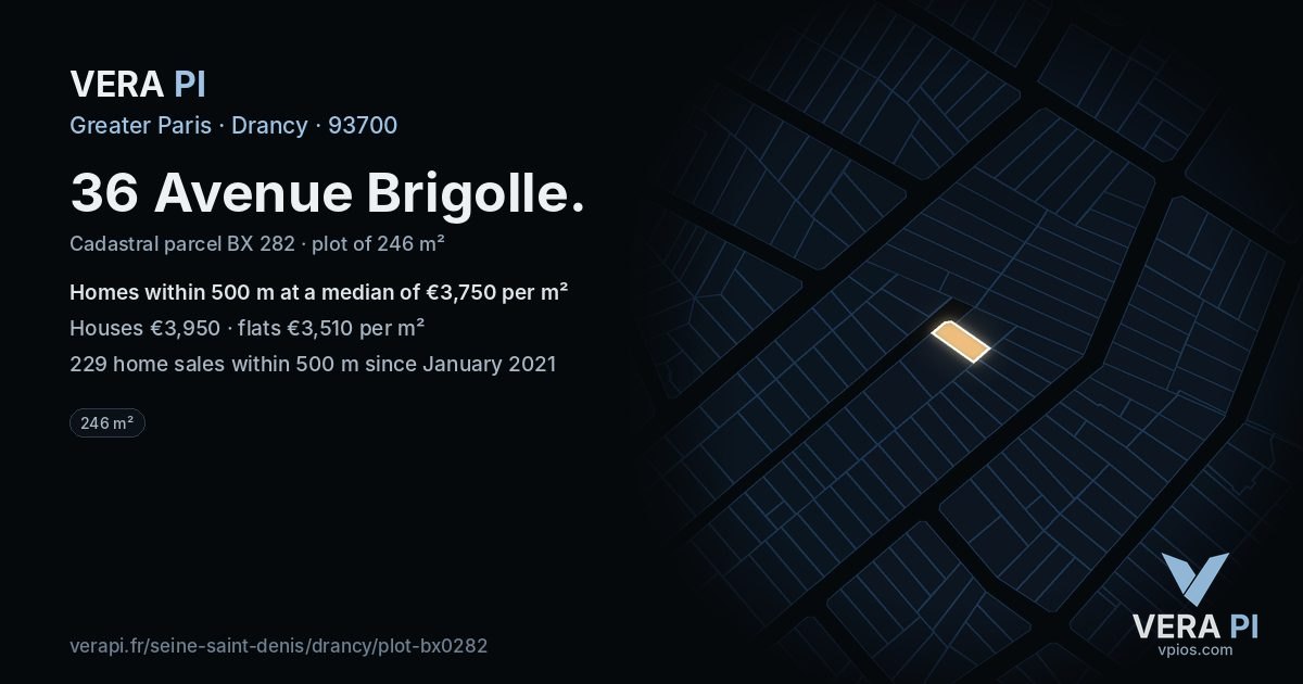 36 Avenue Brigolle, Drancy at night – the plot lit, the parcels around coloured by the prices near them