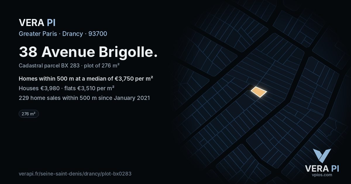 38 Avenue Brigolle, Drancy at night – the plot lit, the parcels around coloured by the prices near them