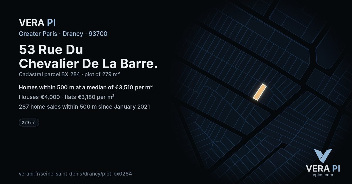 53 Rue Du Chevalier De La Barre, Drancy at night – the plot lit, the parcels around coloured by the prices near them