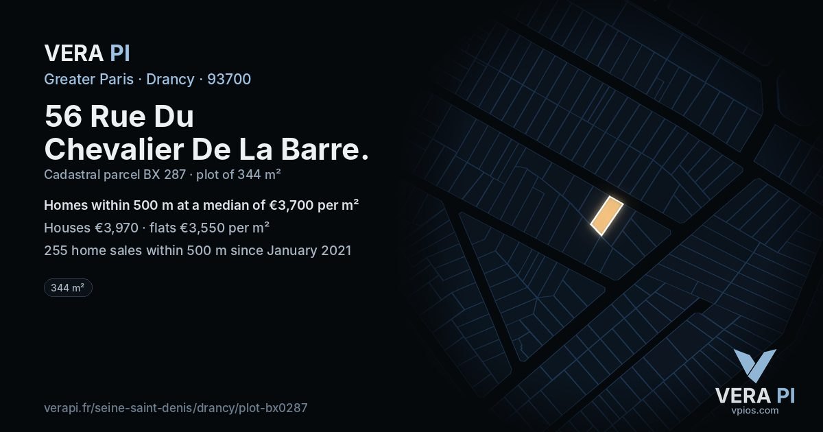 56 Rue Du Chevalier De La Barre, Drancy at night – the plot lit, the parcels around coloured by the prices near them