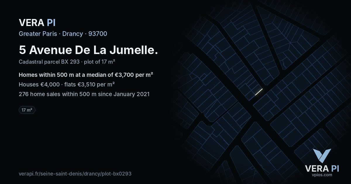 5 Avenue De La Jumelle, Drancy at night – the plot lit, the parcels around coloured by the prices near them