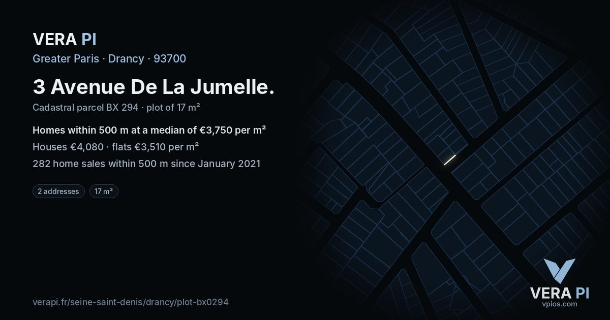 3 Avenue De La Jumelle, Drancy at night – the plot lit, the parcels around coloured by the prices near them