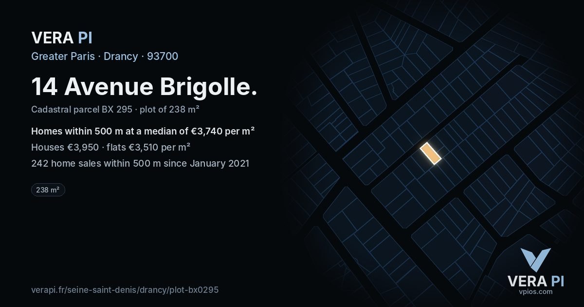 14 Avenue Brigolle, Drancy at night – the plot lit, the parcels around coloured by the prices near them