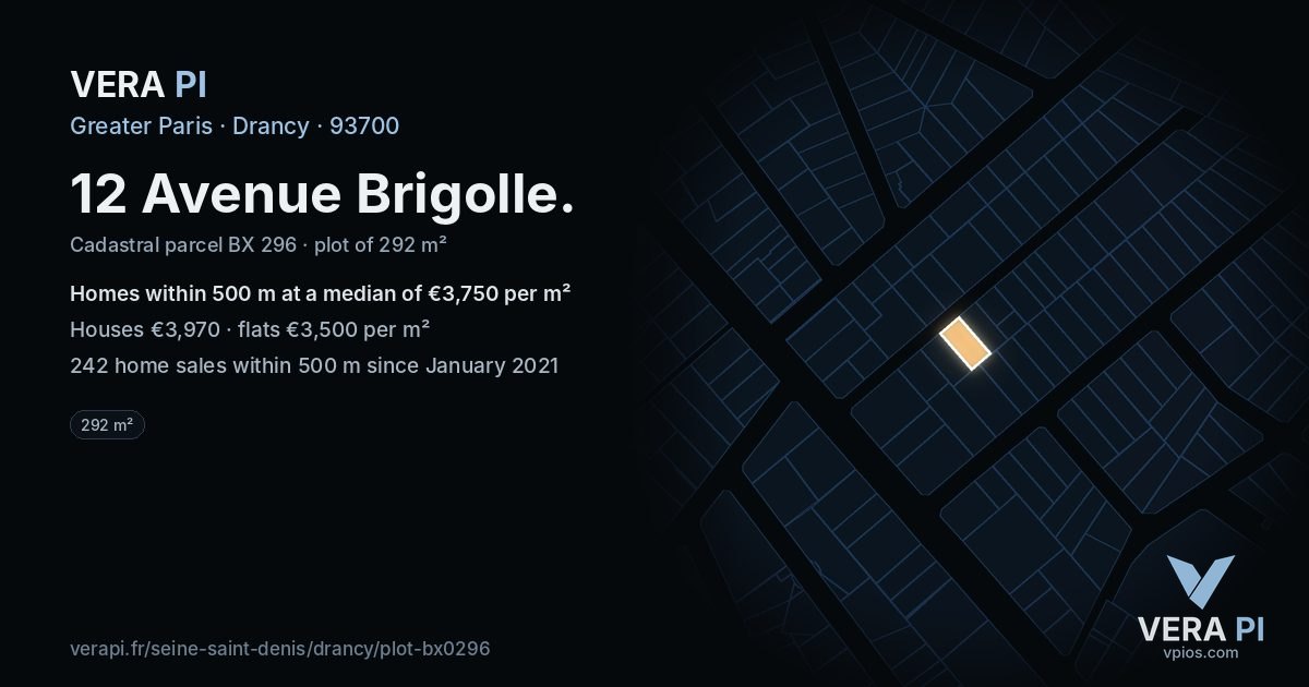 12 Avenue Brigolle, Drancy at night – the plot lit, the parcels around coloured by the prices near them
