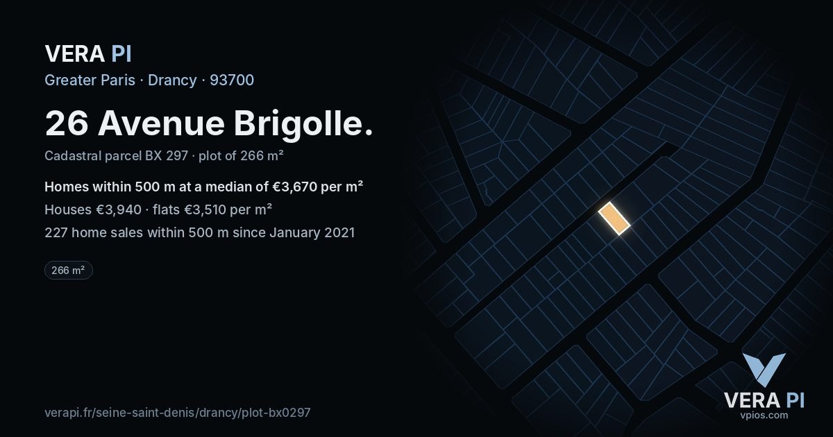 26 Avenue Brigolle, Drancy at night – the plot lit, the parcels around coloured by the prices near them