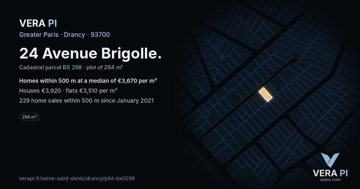 24 Avenue Brigolle, Drancy at night – the plot lit, the parcels around coloured by the prices near them